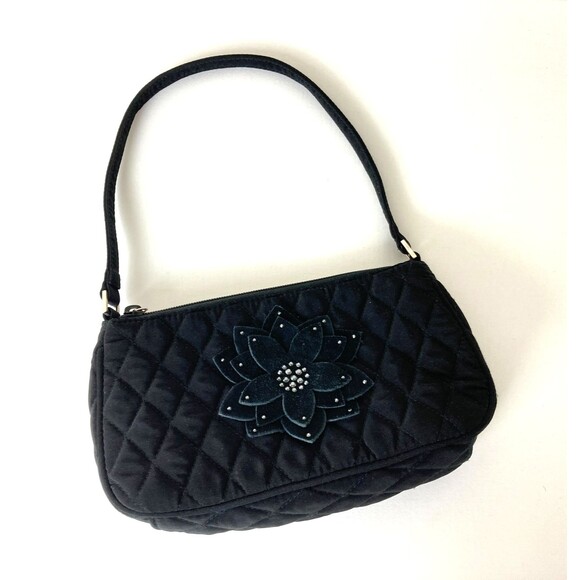 Vera Bradley Small Black Quilted Handbag with Suede Rhinestone Flower 5" x 9" - Picture 1 of 6